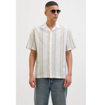 Jack & Jones Premium revere collar linen shirt in White with Green stripe
