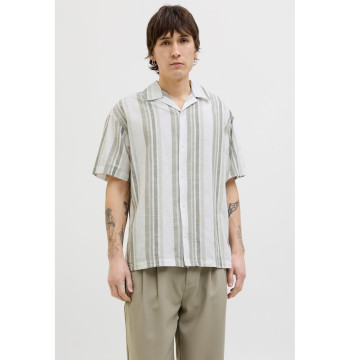 Jack & Jones Premium revere collar linen shirt in White with Beige stripe